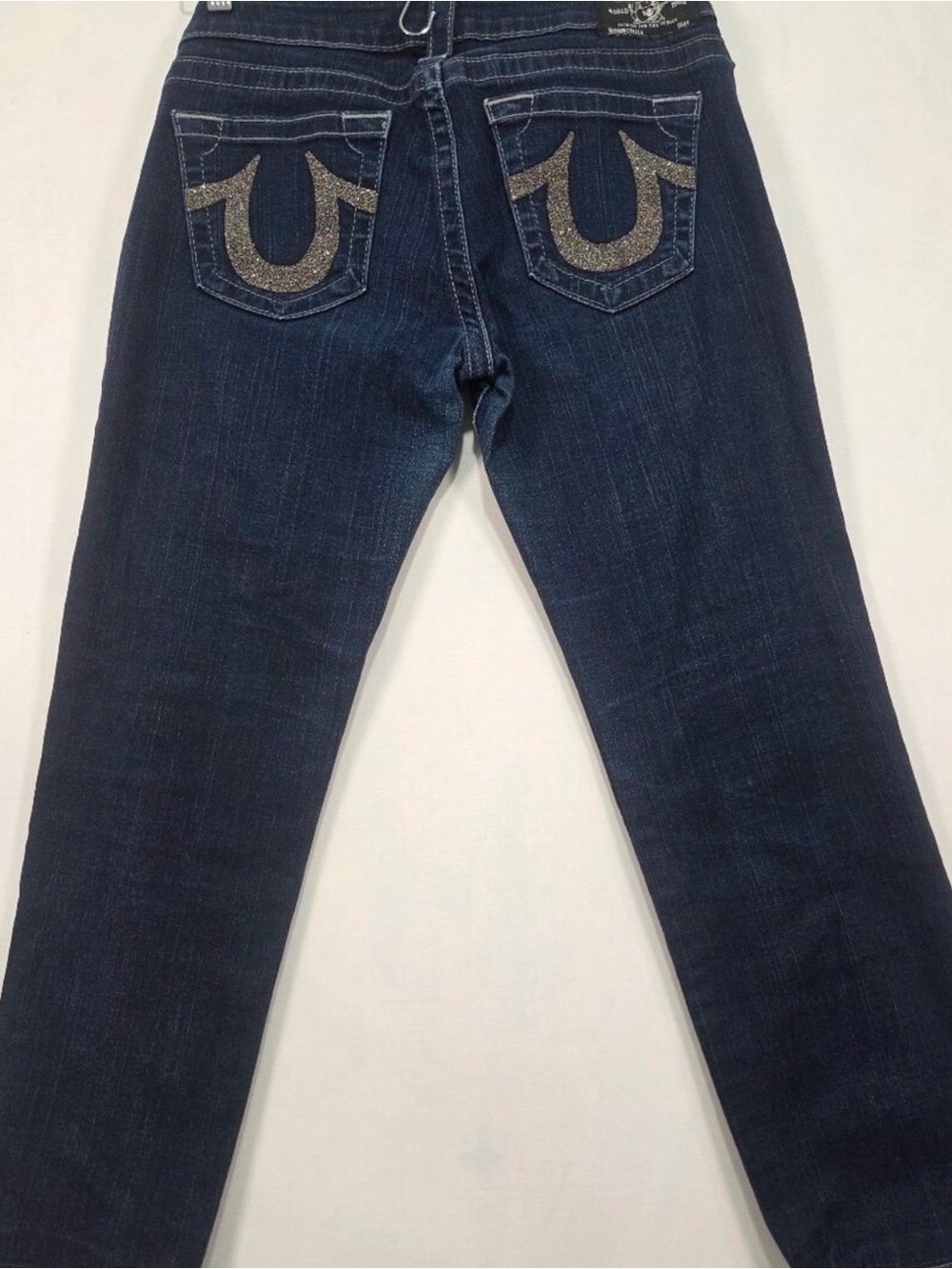 True Religion Dark Blue Straight Leg Jeans with Glitter Back Pocket Logo